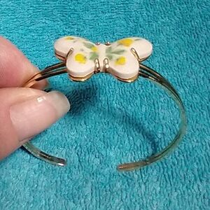 Goldtone Ceramic Yellow White Green Butterfly Cuff Bracelet Vintage